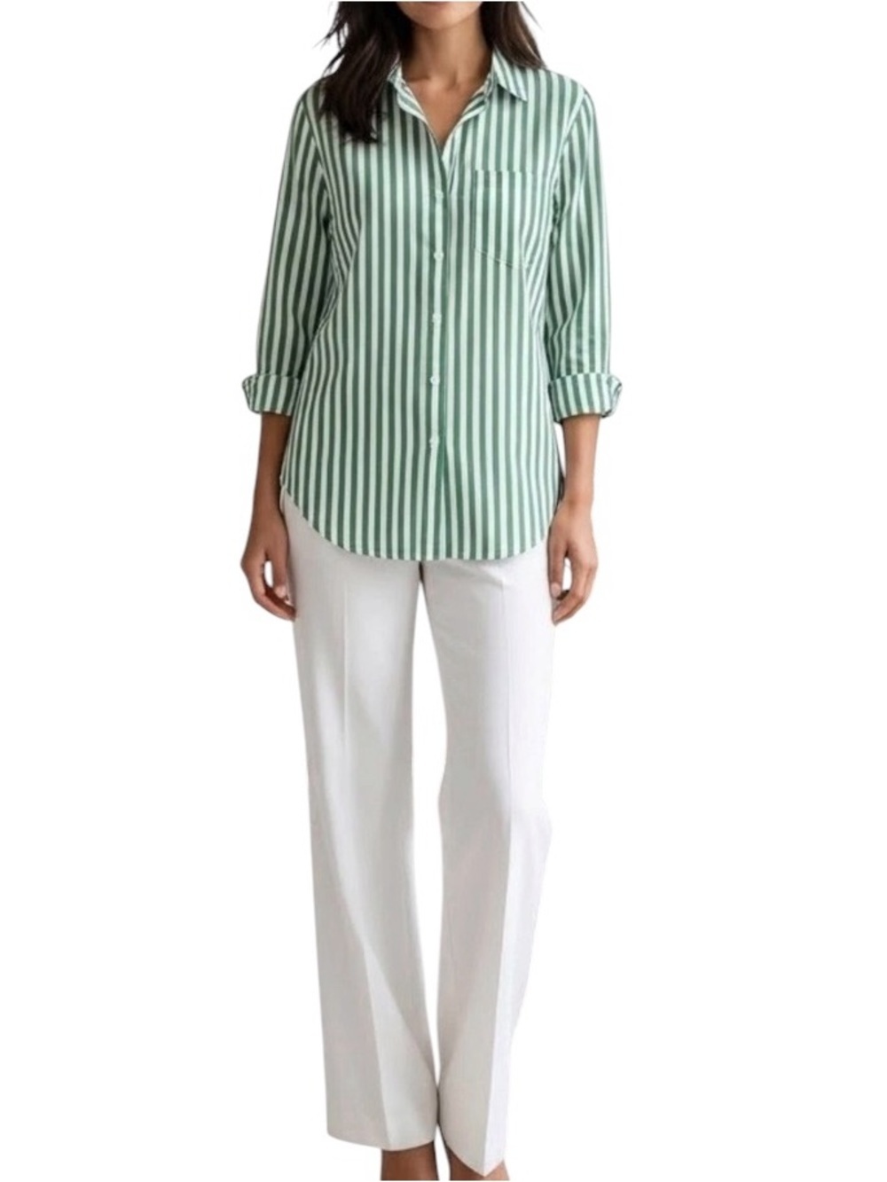 Jane + Delancey Women’s Sz S Green White Vertical Striped Button-Up Shirt
